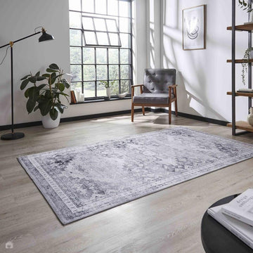 Topaz H1265 Traditional Vintage Distressed Medallion Border Lightweight Printed Chenille Polyester Flatweave Light Grey/Charcoal Grey/Ash Grey/Cream/Ivory/Taupe Beige Rug-Think Rugs-Rug Love - The Most Loved Rug Store